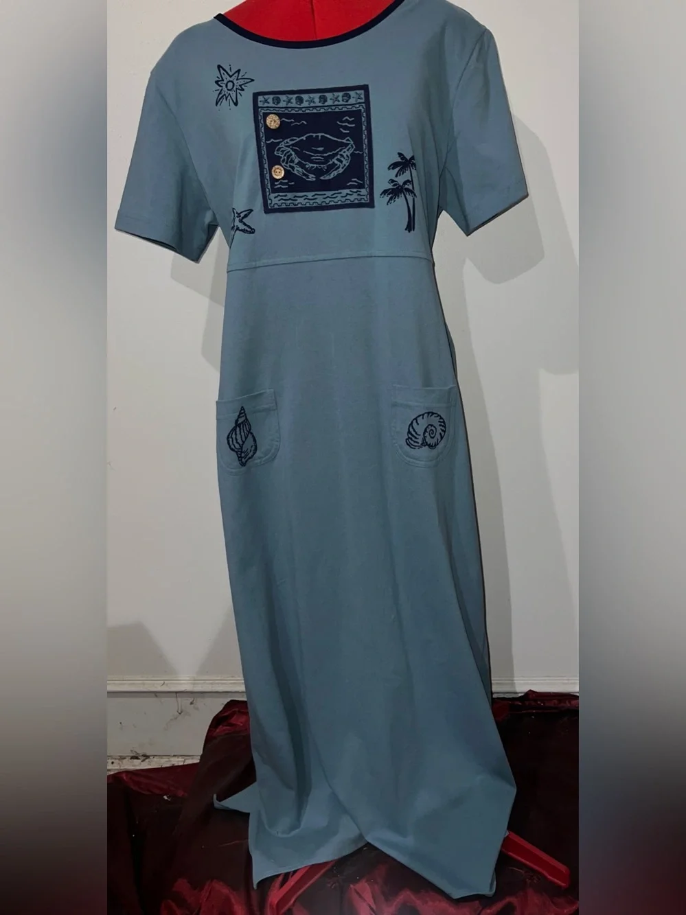 NWT Vintage Jaclyn Smith Blue Embroidered Short-Sleeve Maxi Dress size large